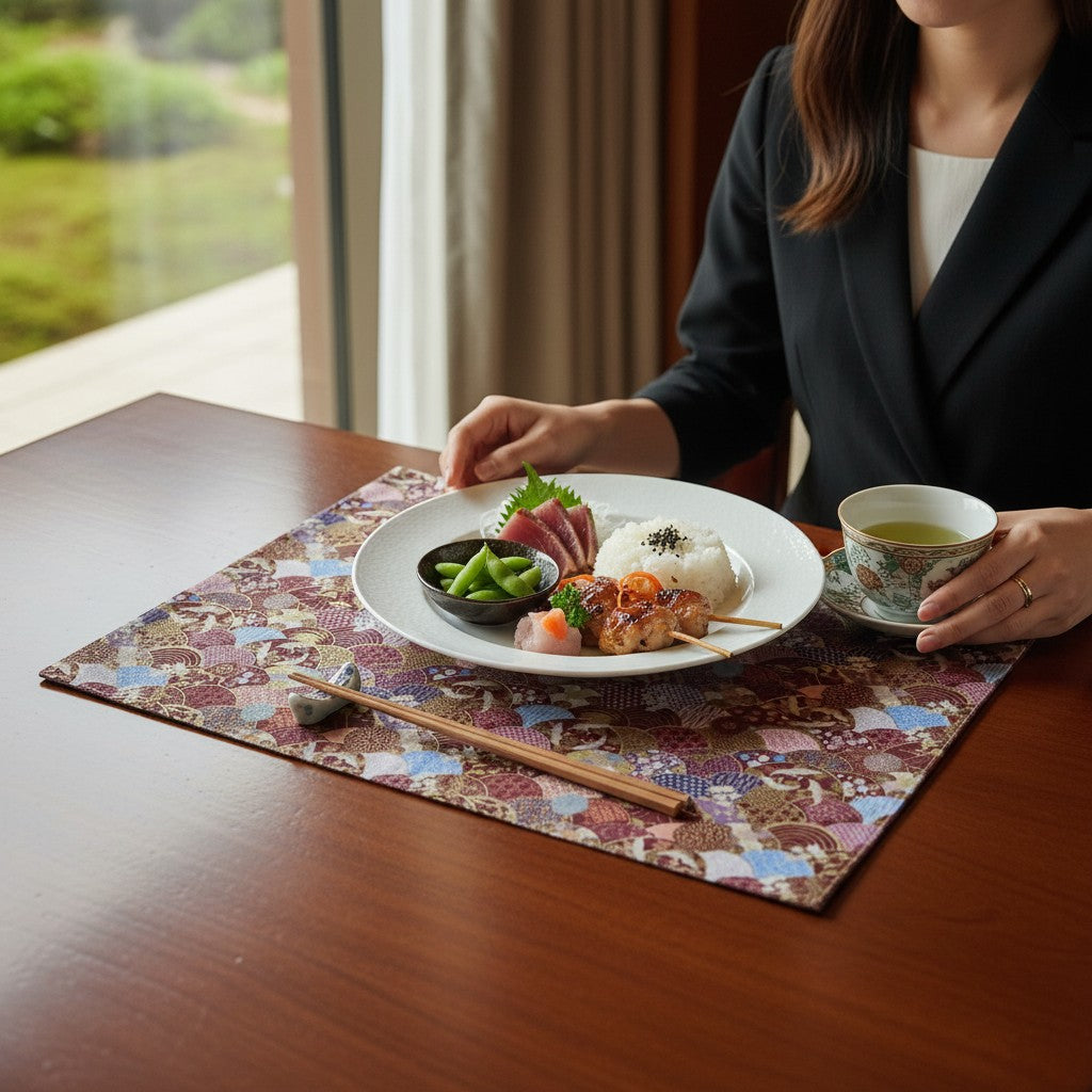 【扇舞柄 ランチョンマット】 日本製 和柄 リバーシブル マット プレースマット 洗える 長方形 和風 おしゃれ お家 オフィス カフェ お茶 抹茶 茶托 キッチン 贈り物 プレゼント お祝い ギフト